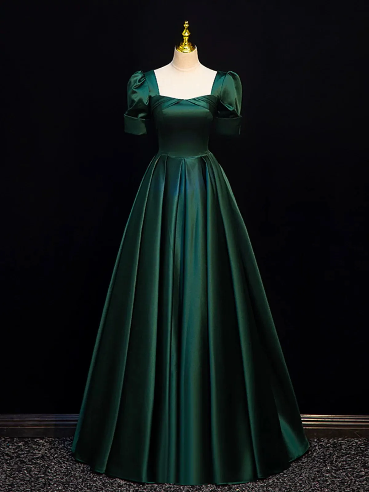 Simple Cute A-line Short Sleeves Satin Party Dress, Simple Green Prom Dress Evening Dress