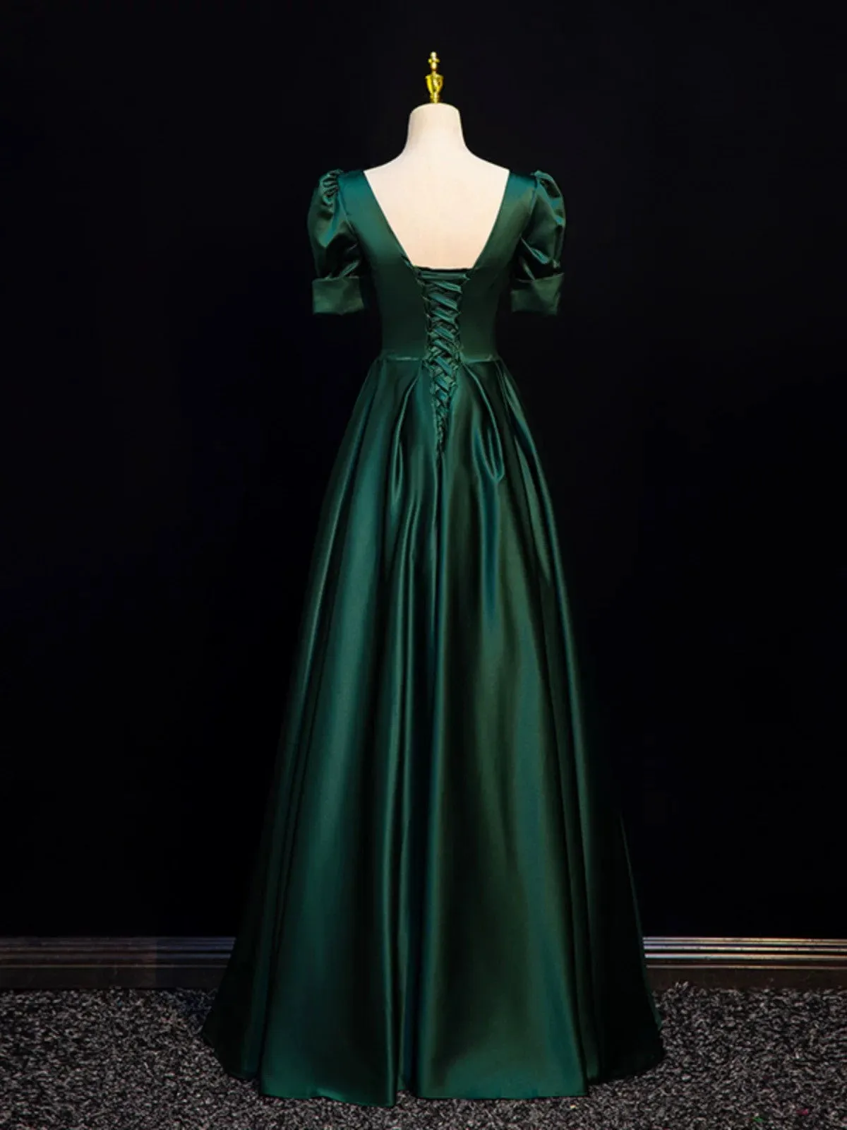 Simple Cute A-line Short Sleeves Satin Party Dress, Simple Green Prom Dress Evening Dress