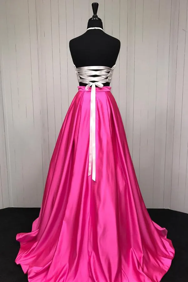 Simple Hot Pink Two Piece A-line Halter Cheap Long Prom Dresses, MP407