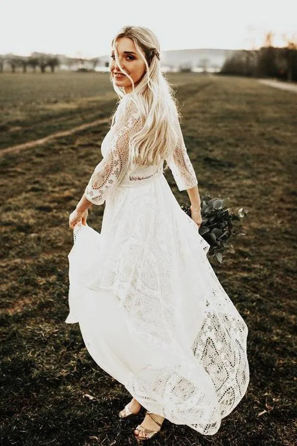 Simple Long Sleeves Lace Backless Wedding Dresses Rustic Bridal Gowns TN277