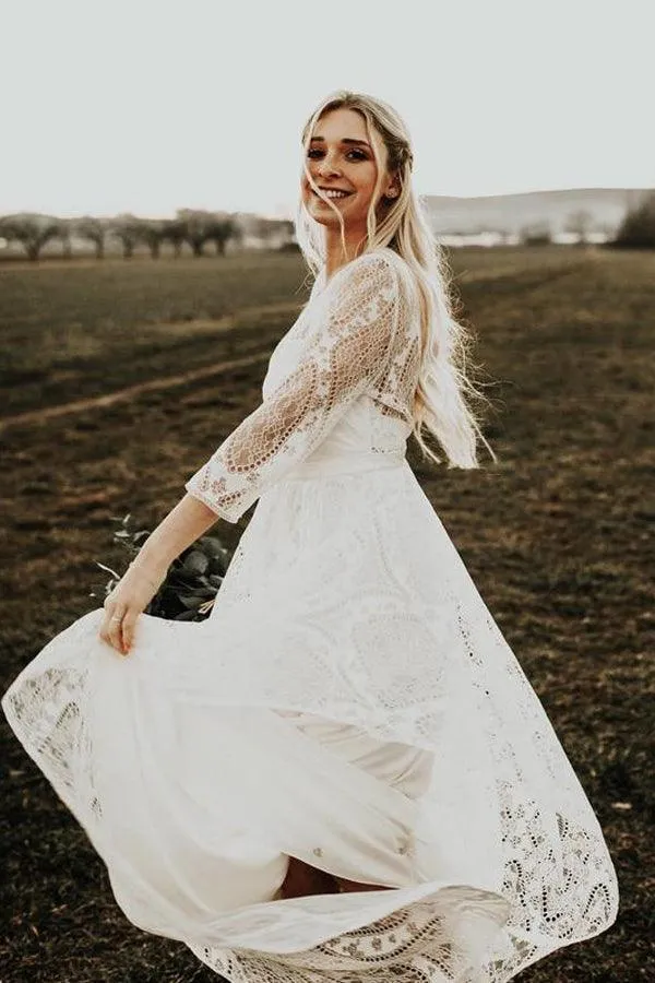 Simple Long Sleeves Lace Backless Wedding Dresses Rustic Bridal Gowns TN277
