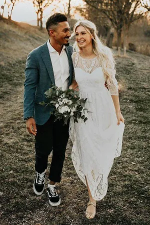 Simple Long Sleeves Lace Backless Wedding Dresses Rustic Bridal Gowns TN277