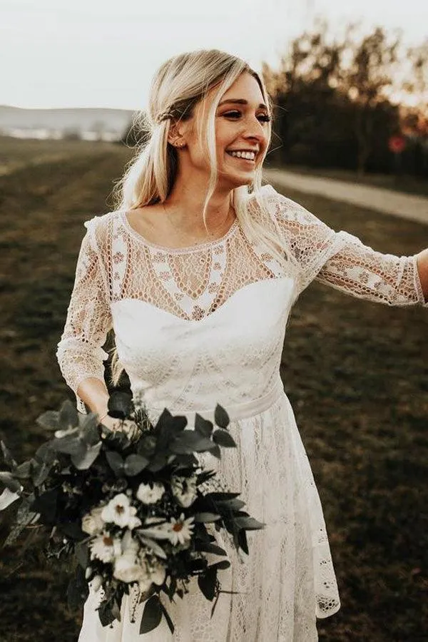 Simple Long Sleeves Lace Backless Wedding Dresses Rustic Bridal Gowns TN277