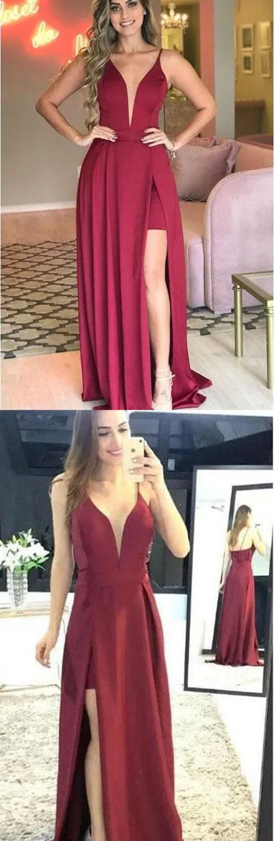 Simple Sleeveless Deep V-neck Prom Dress with Side Split, Evening Dresses, SP457