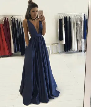 Simple v neck dark blue long prom dress, evening dress