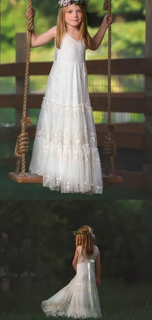 Simple V Neck Sleeveless With Lace Appliques Flower Girl Dresses APF0026