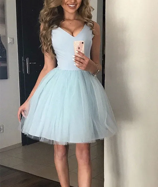 Simple v neck tulle blue short prom dress, blue homecoming dress