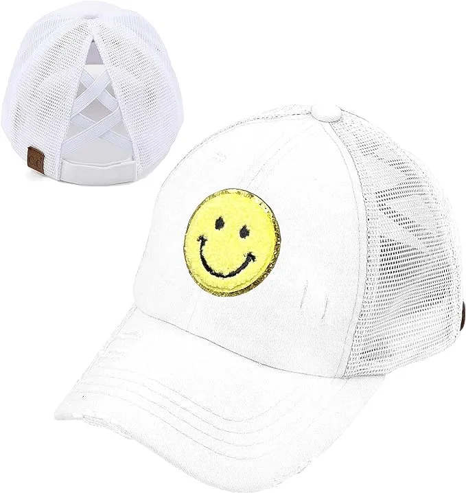 Smiley Face Patch Criss Cross Ponytail Hat by Funky Junque