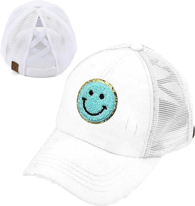 Smiley Face Patch Criss Cross Ponytail Hat by Funky Junque