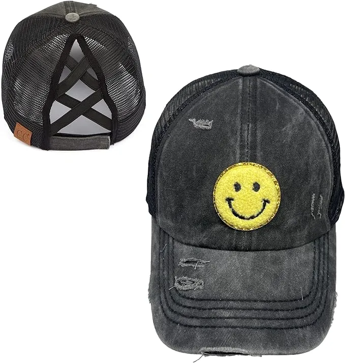 Smiley Face Patch Criss Cross Ponytail Hat by Funky Junque
