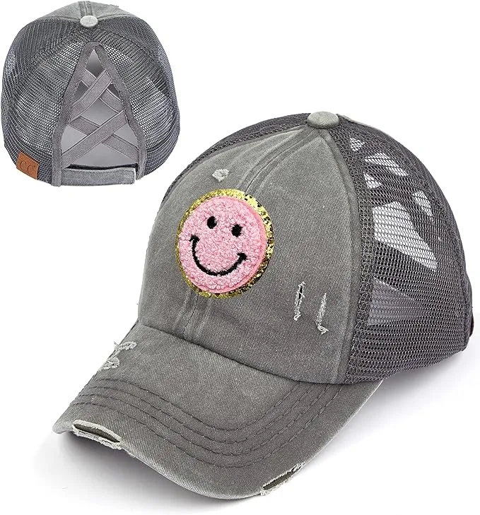 Smiley Face Patch Criss Cross Ponytail Hat by Funky Junque
