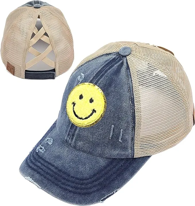 Smiley Face Patch Criss Cross Ponytail Hat by Funky Junque