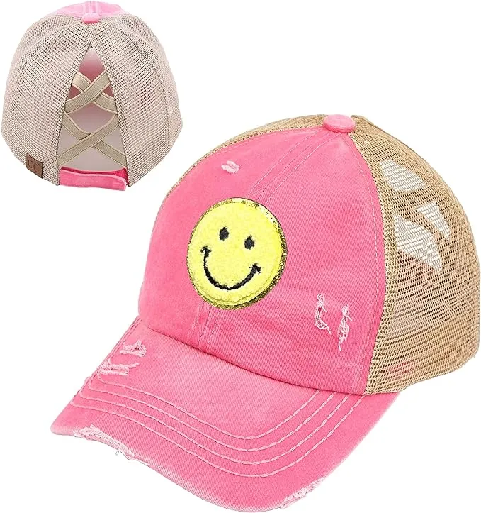 Smiley Face Patch Criss Cross Ponytail Hat by Funky Junque