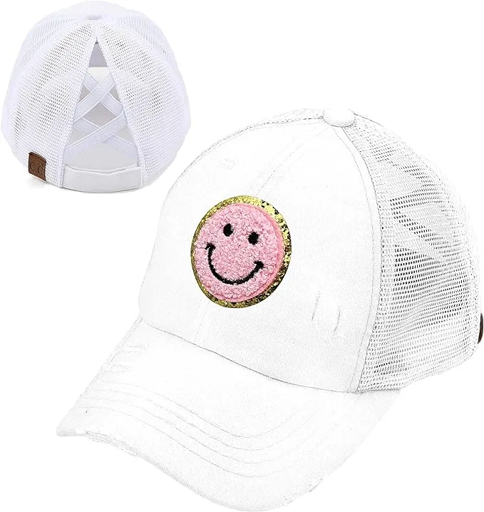 Smiley Face Patch Criss Cross Ponytail Hat by Funky Junque