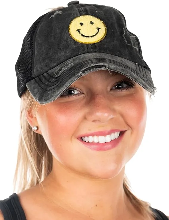 Smiley Face Patch Criss Cross Ponytail Hat by Funky Junque