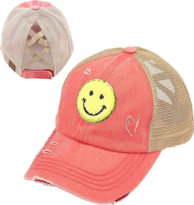 Smiley Face Patch Criss Cross Ponytail Hat by Funky Junque