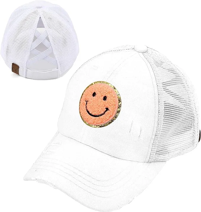 Smiley Face Patch Criss Cross Ponytail Hat by Funky Junque