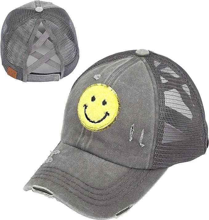 Smiley Face Patch Criss Cross Ponytail Hat by Funky Junque