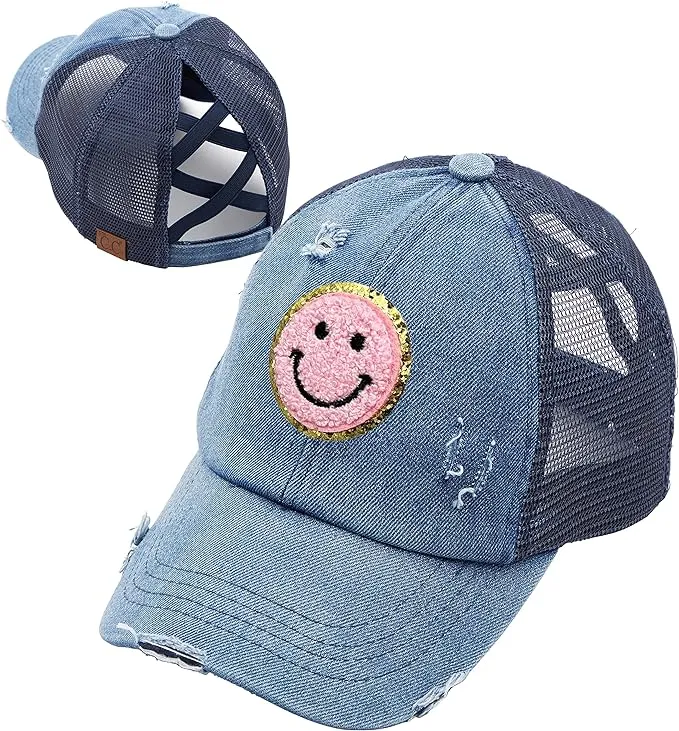 Smiley Face Patch Criss Cross Ponytail Hat by Funky Junque