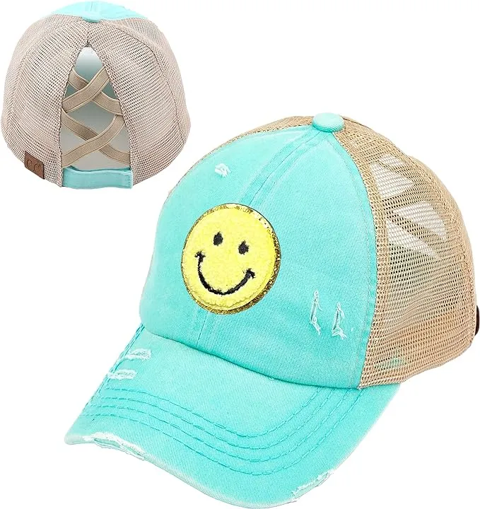 Smiley Face Patch Criss Cross Ponytail Hat by Funky Junque
