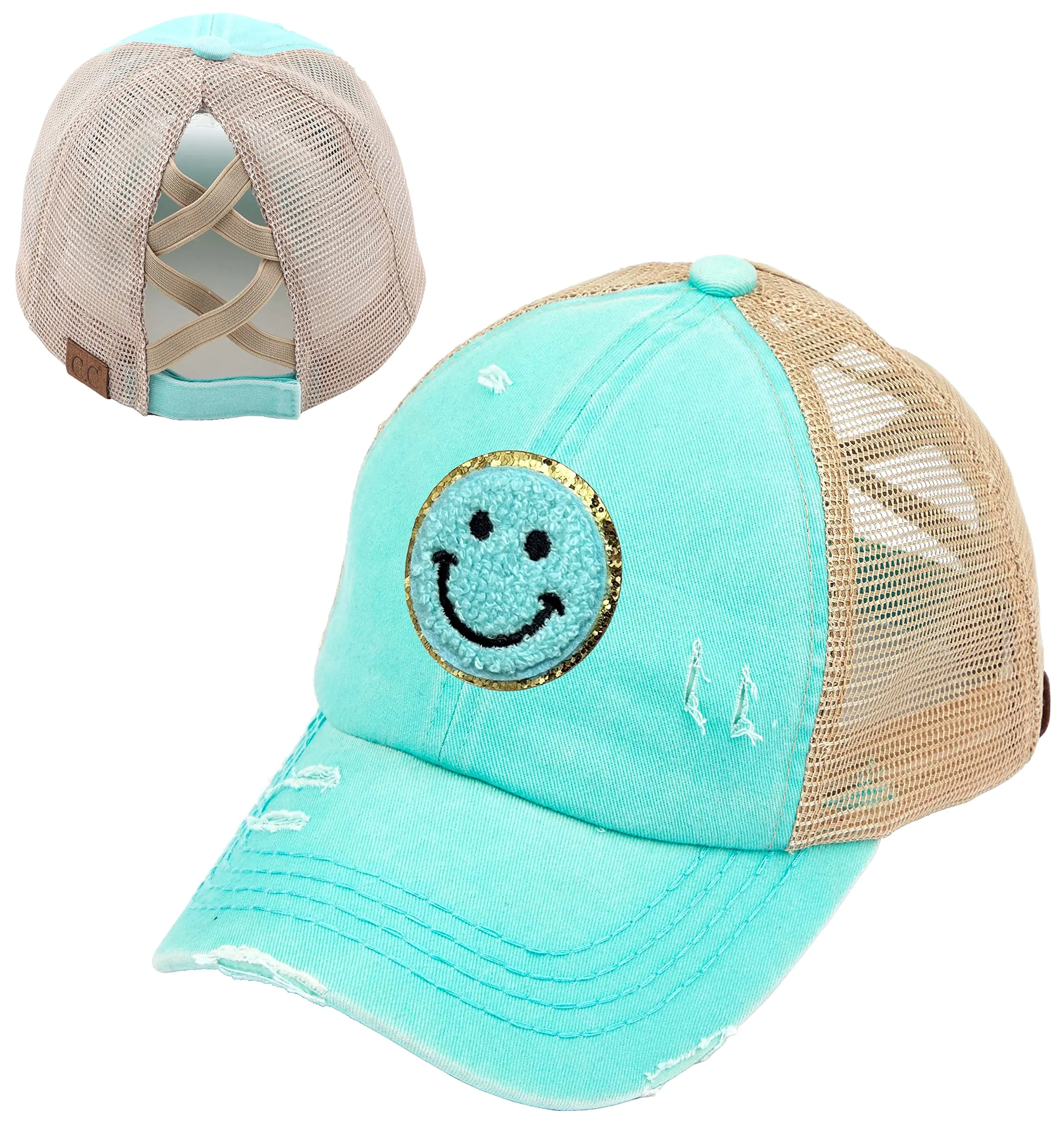 Smiley Face Patch Criss Cross Ponytail Hat by Funky Junque