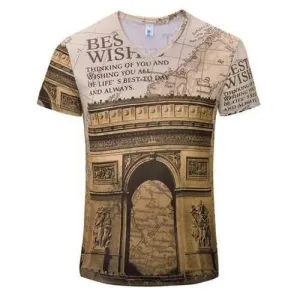 Summer Mens Breathable Personalized Retro Printing Slim Fit V neck Casual T-shirts