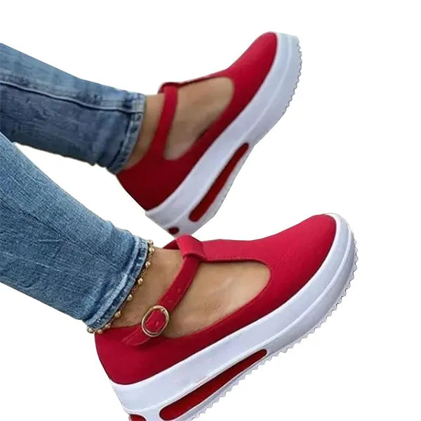 Summer Retro Buckle Round Head Wedge Platform Slip-On Sandals Solid Color Slipper Shake Shoes