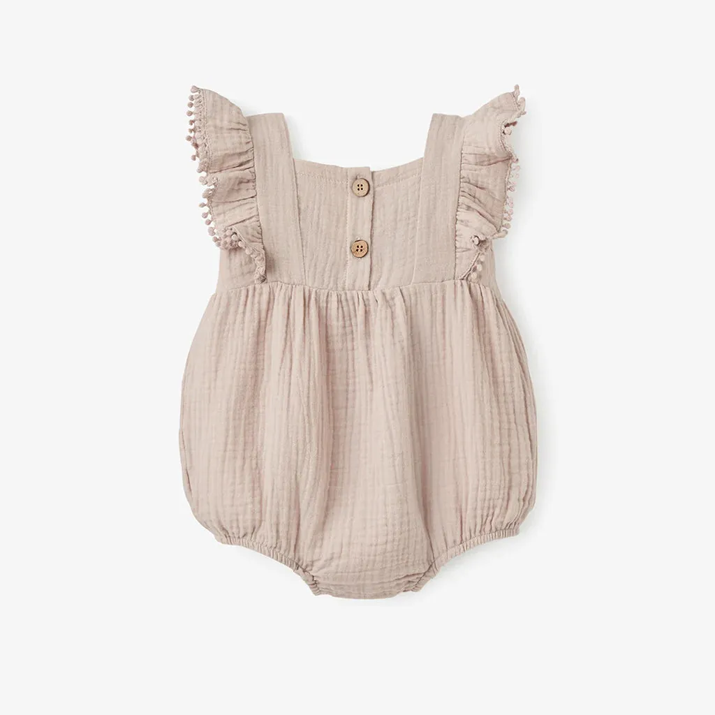 TAUPE EMBROIDERED ORGANIC MUSLIN BUBBLE ROMPER