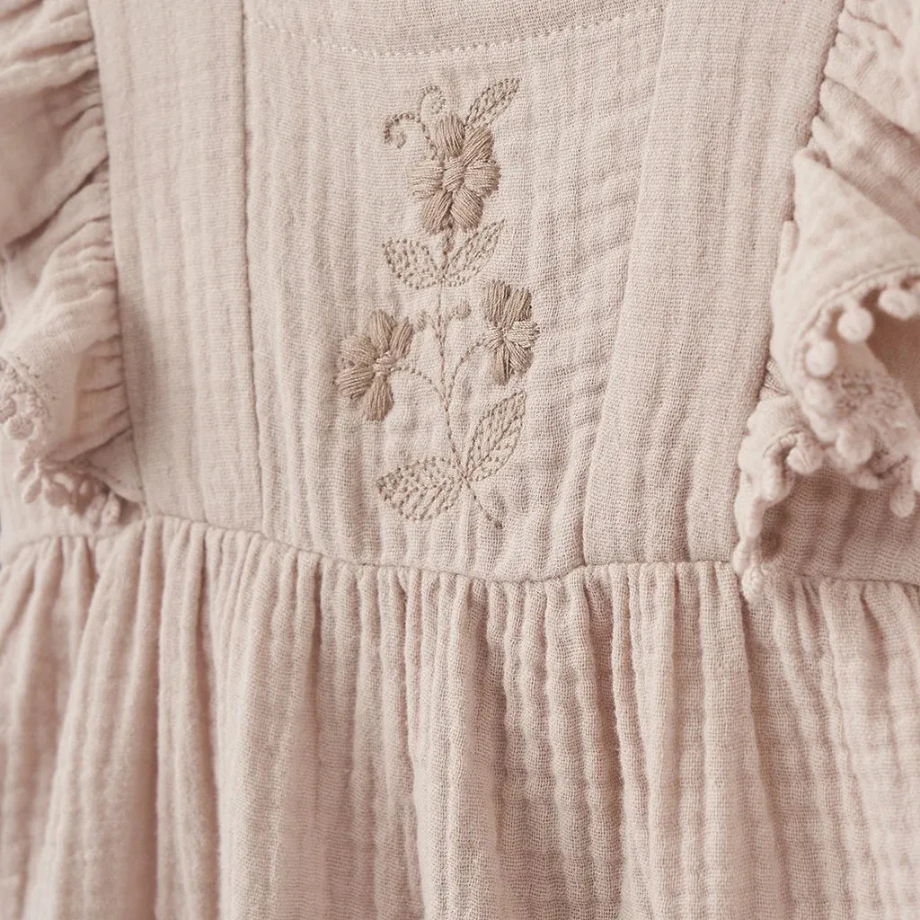TAUPE EMBROIDERED ORGANIC MUSLIN BUBBLE ROMPER