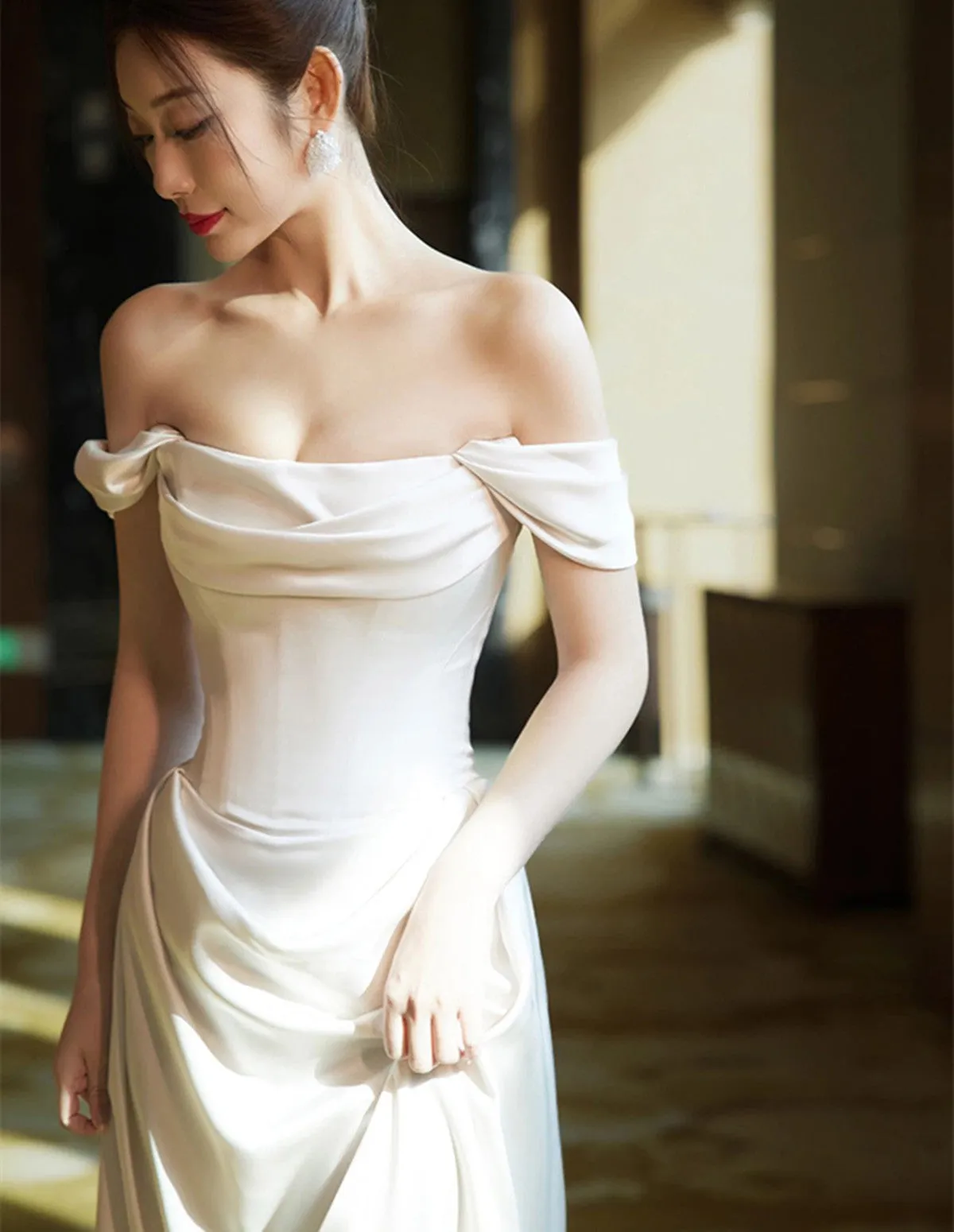 White Satin Sweetheart Off Shoulder Prom Dress, White Long Wedding Party Dress