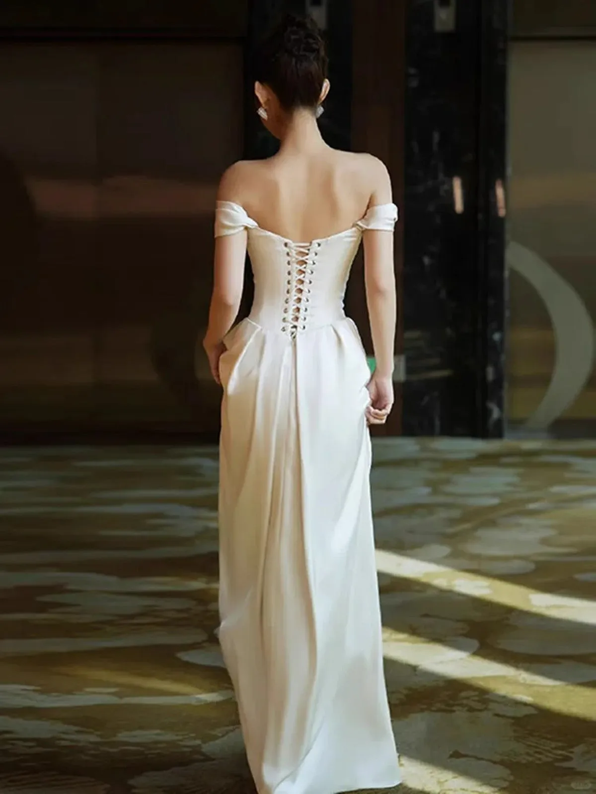 White Satin Sweetheart Off Shoulder Prom Dress, White Long Wedding Party Dress