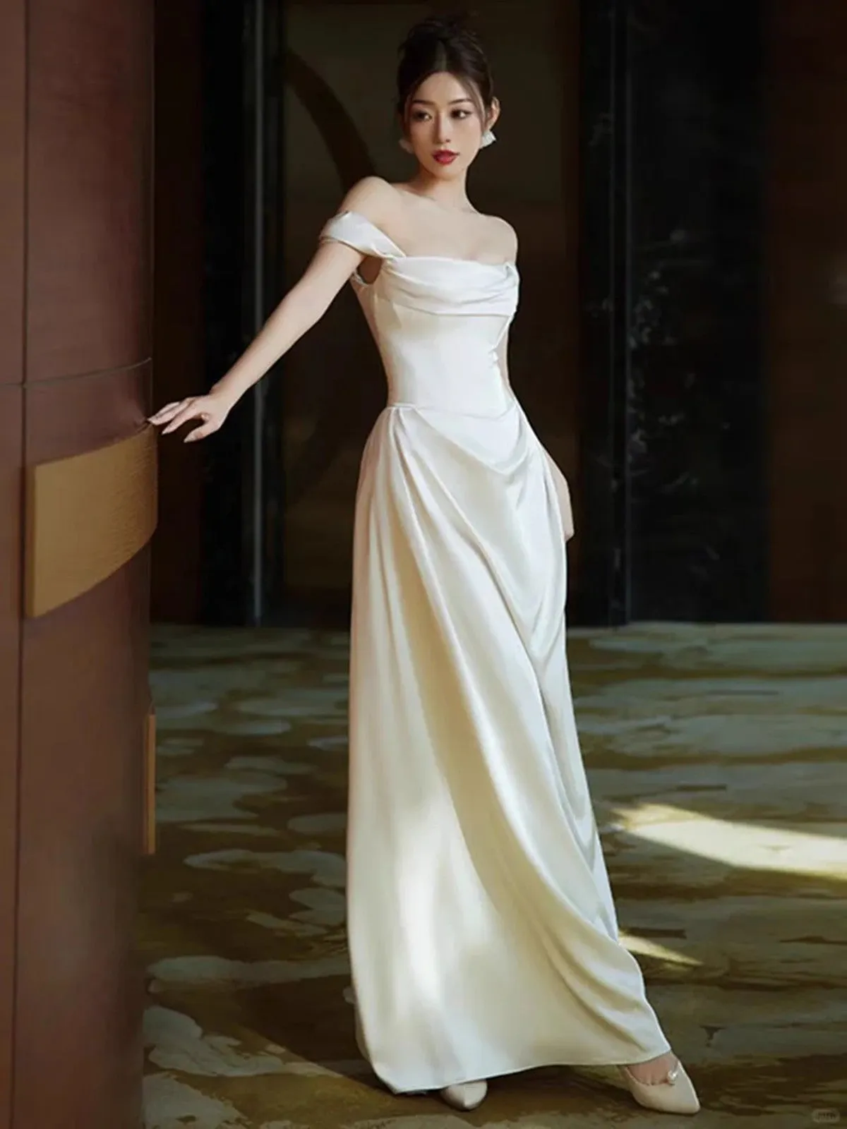 White Satin Sweetheart Off Shoulder Prom Dress, White Long Wedding Party Dress