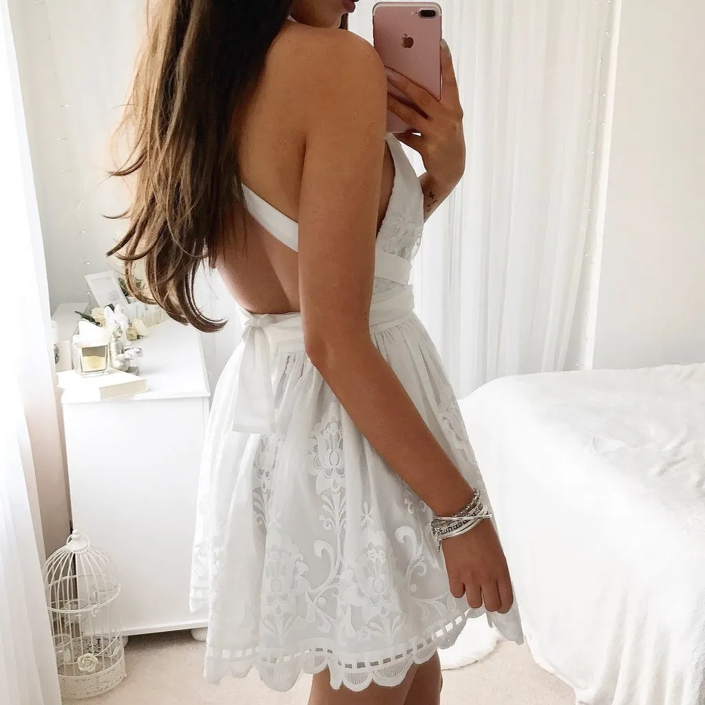 White Sweetheart Spaghetti Straps Open Back Homecoming Dresses, MH383