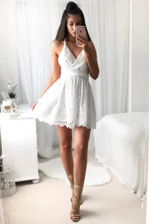 White Sweetheart Spaghetti Straps Open Back Homecoming Dresses, MH383