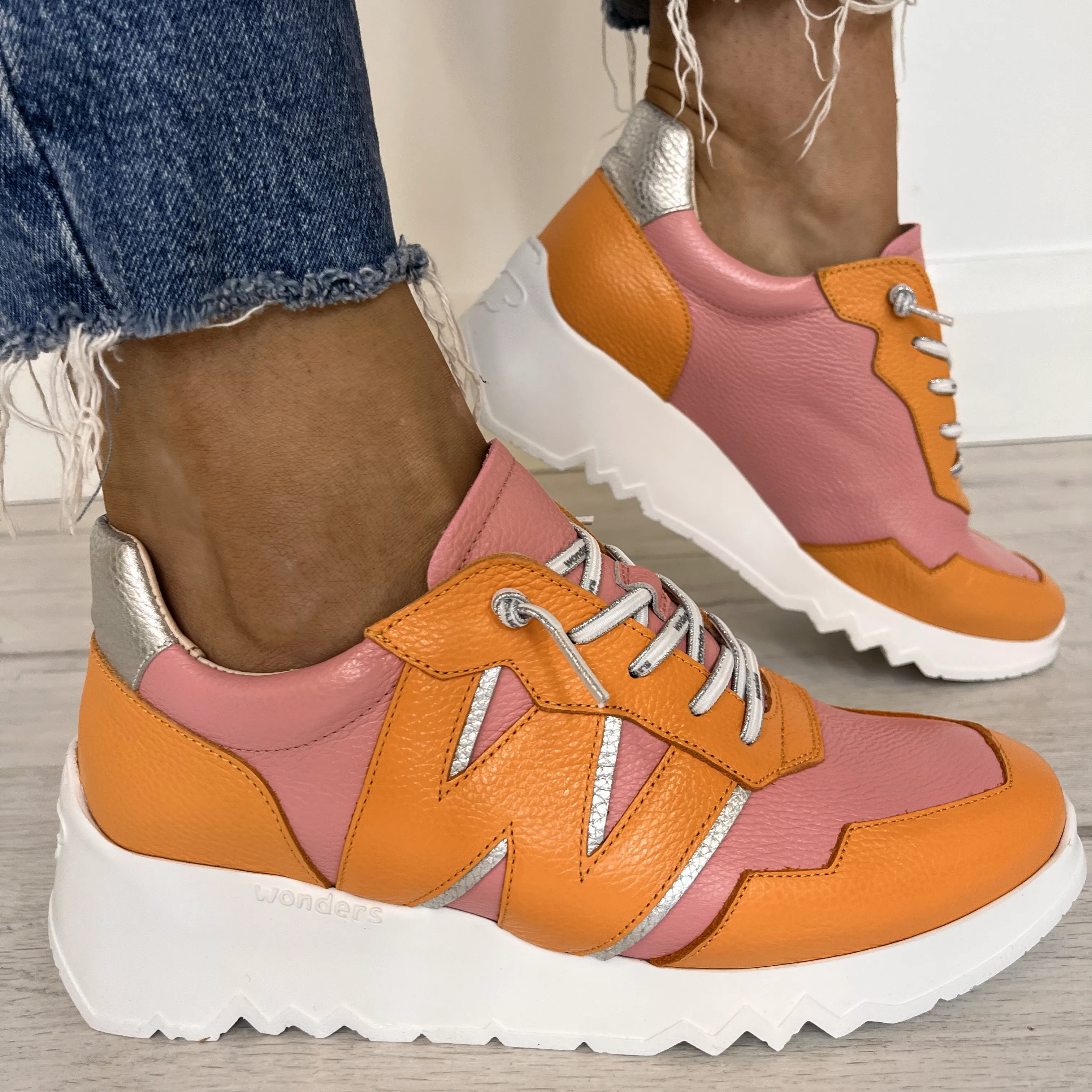 Wonders Orange & Pink Leather Raised Sole Sneakers