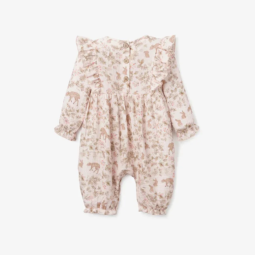 WOODLAND PRINT ORGANIC MUSLIN FLUTTER BABY JUMPSUIT