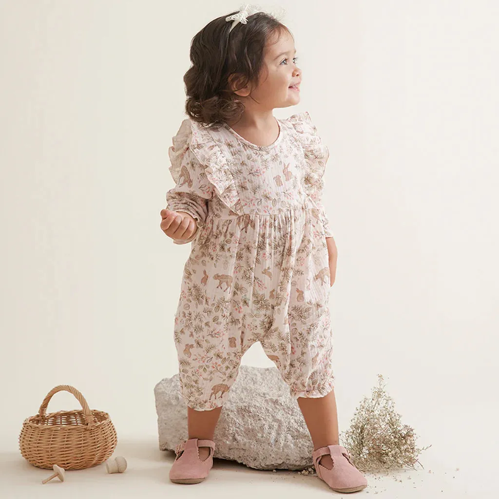 WOODLAND PRINT ORGANIC MUSLIN FLUTTER BABY JUMPSUIT