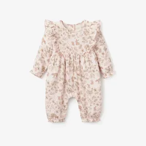 WOODLAND PRINT ORGANIC MUSLIN FLUTTER BABY JUMPSUIT